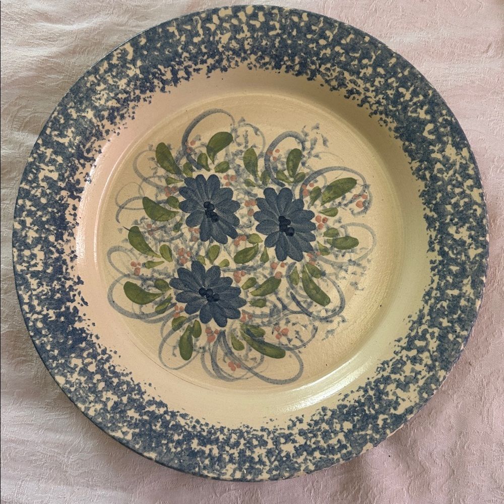 Plate Blue Spongeware Large Pottery Floral Pattern Deep Dish Large